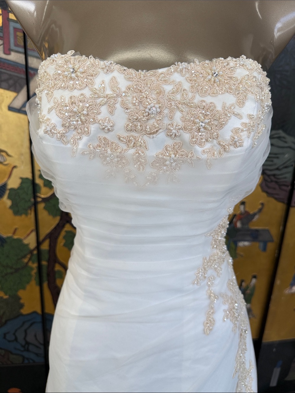 David’s Bridal Ivory Gold Embroidered Mermaid Wedding Gown Size 8